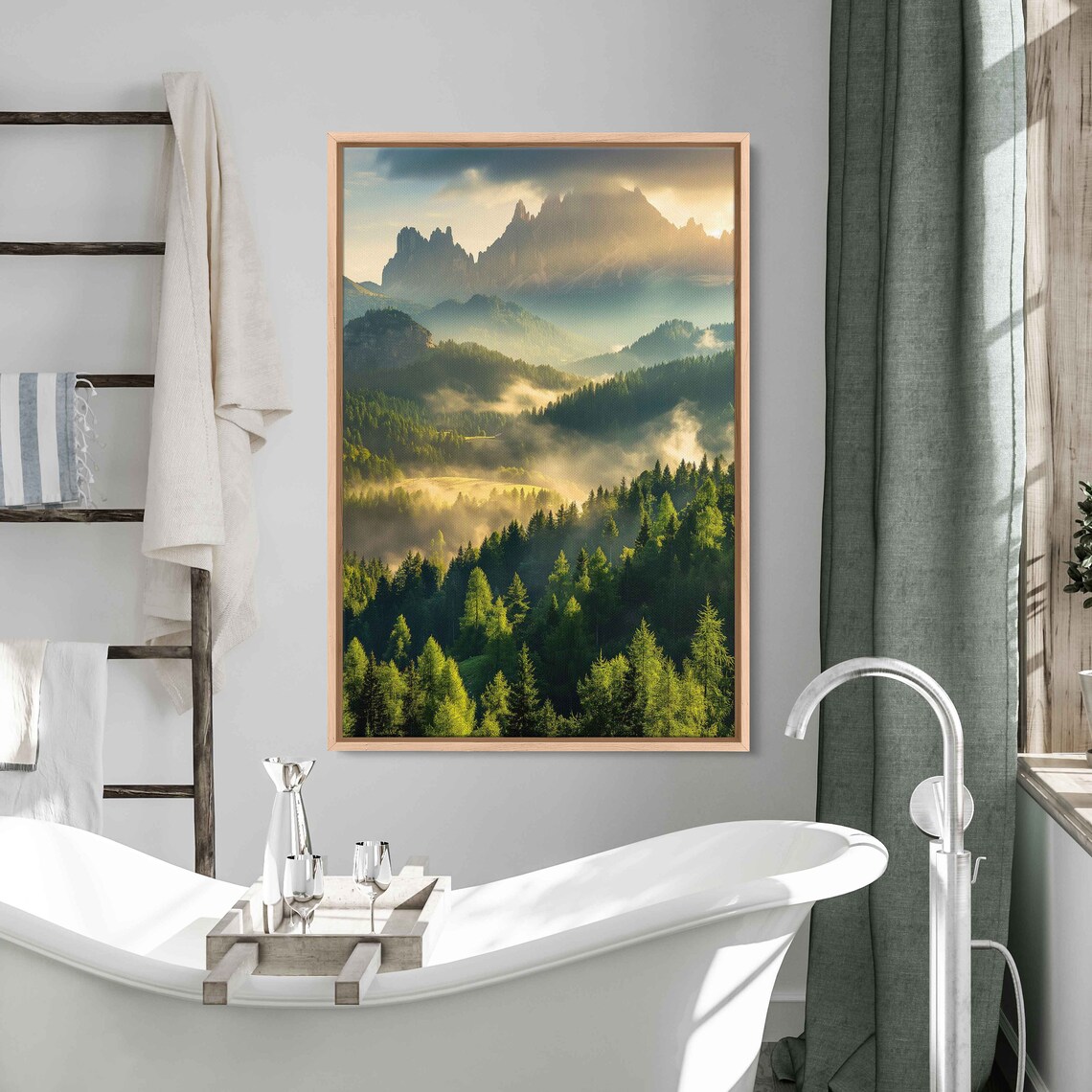 Sunlit Misty Forest Lush Greenery Mountain Ranges Cloudy Skies Wall Art Print Ready To Hang