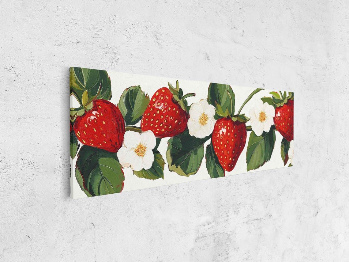 Fresh Strawberries Vine White Blossoms Panoramic Kitchen Fruit Poster - Image 4