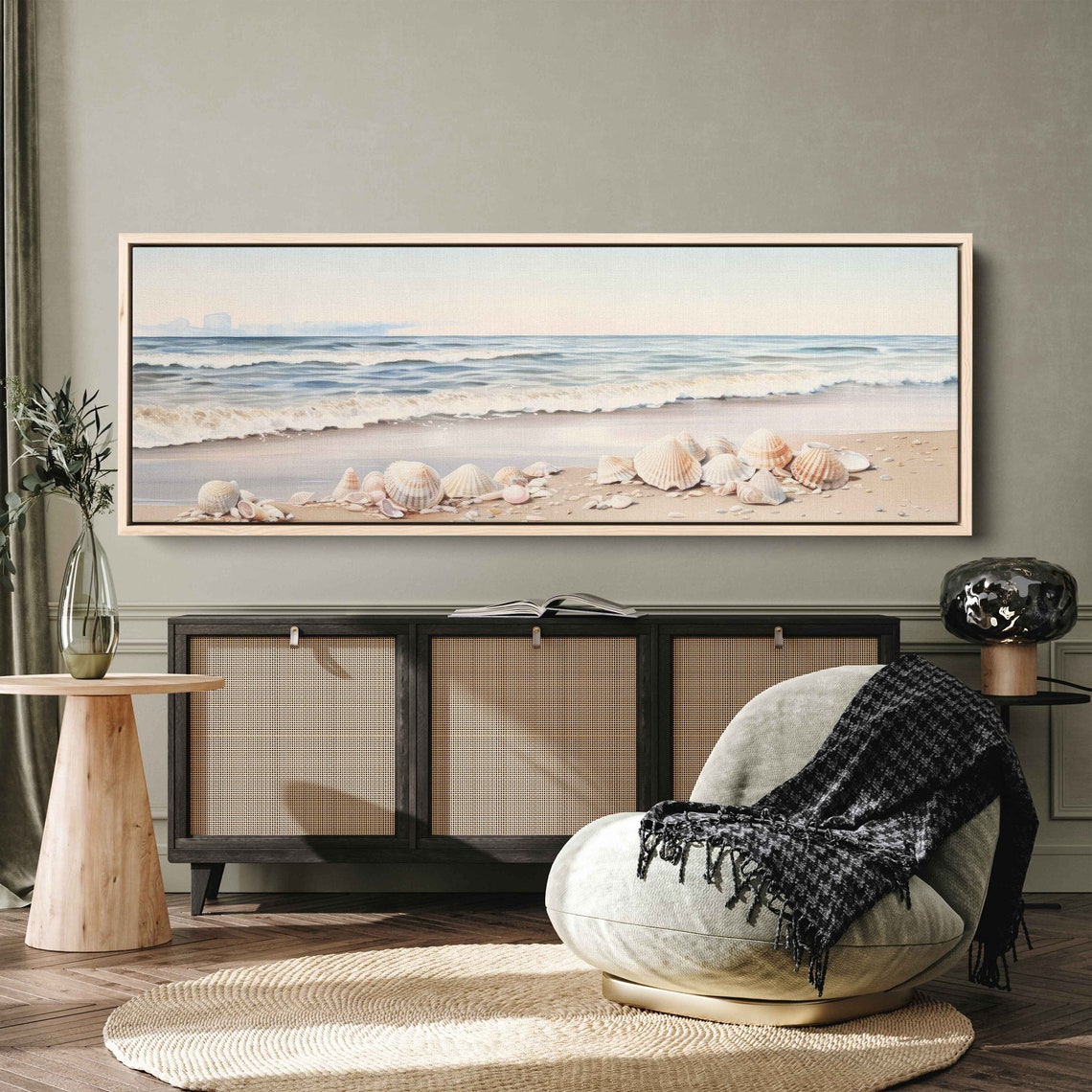 Watercolor Seashell Beach Panoramic Crashing Waves Shore Coastal Print - Image 2