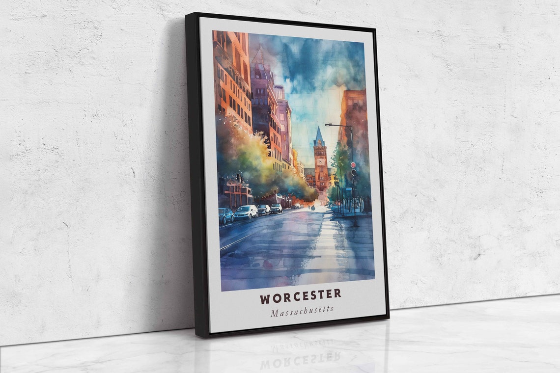 Worcester Massachusetts Watercolor Street Clock Tower Rainy Day Print - Image 2