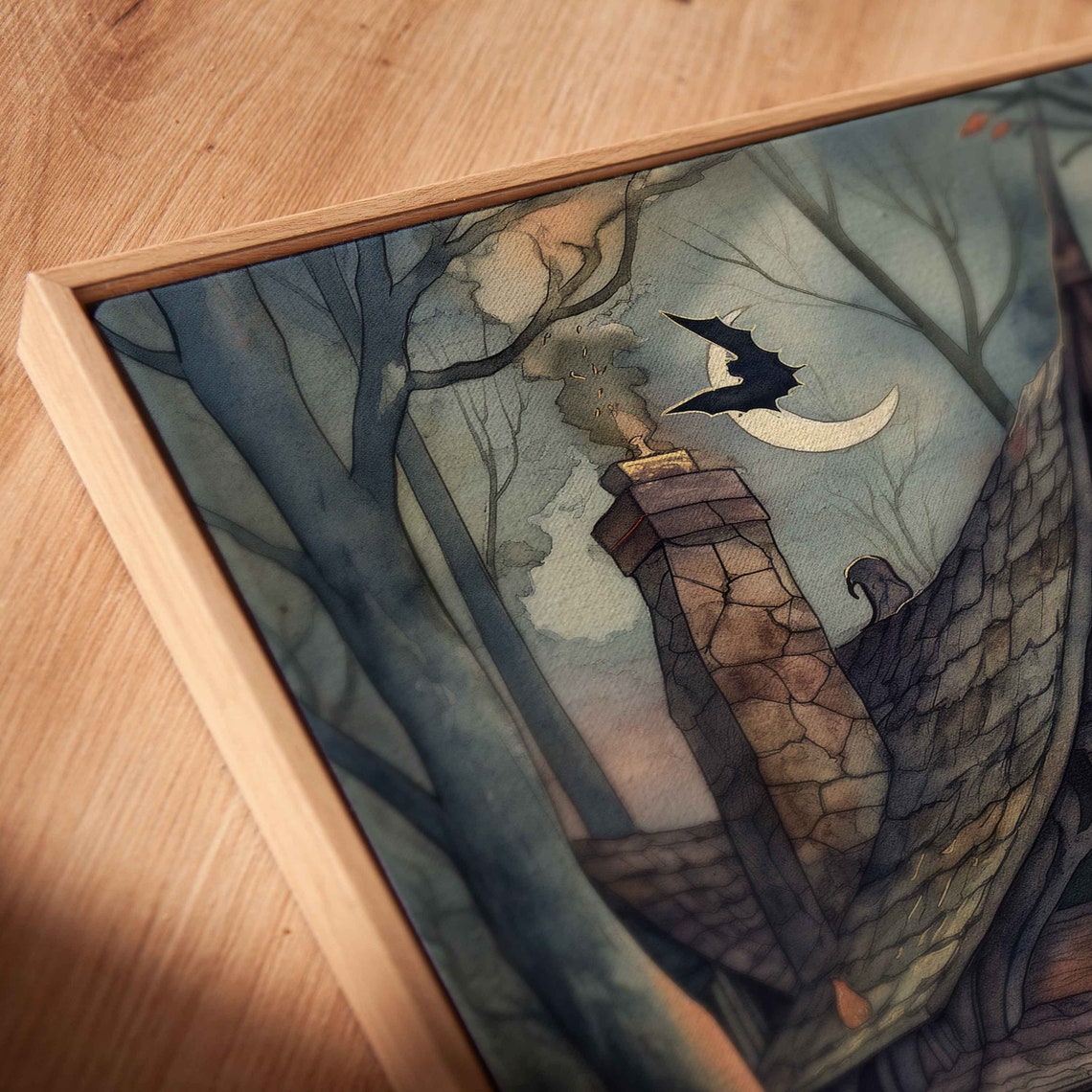 Cozy Witch Cottage Woods Black Cat Flying Broom Moon Halloween Print - Image 2