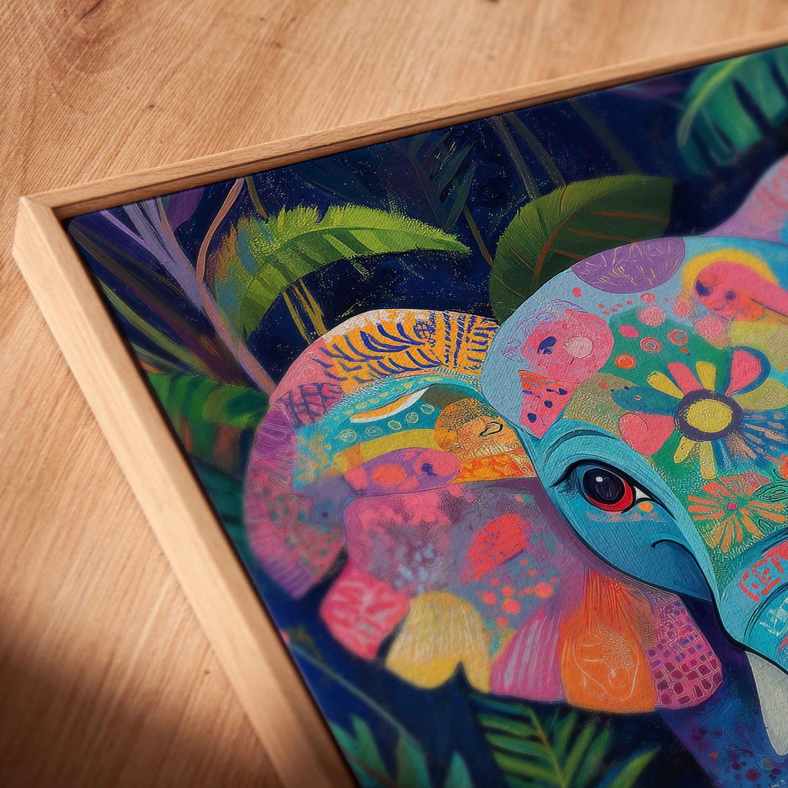 Mother Elephant Two Calves Colorful Patterned Jungle Night Art Print - Image 2