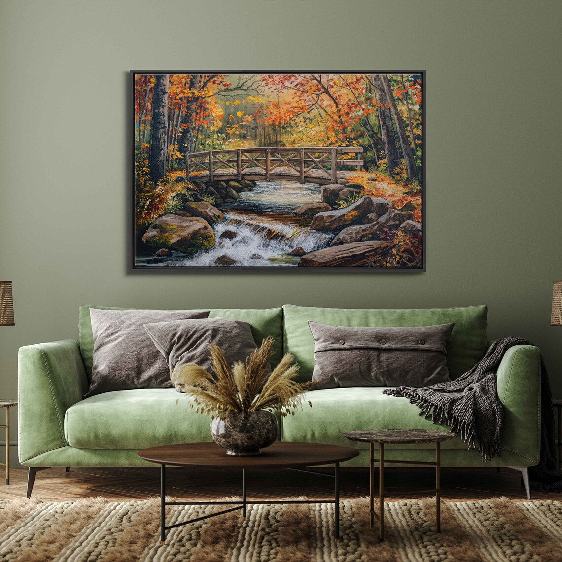 Wooden Footbridge Over Rocky Autumn Stream Oil Painting Poster - Image 3