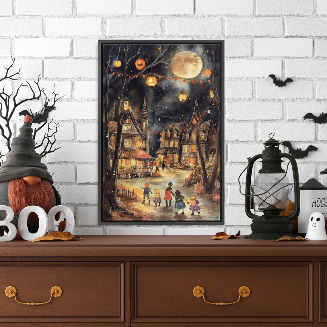Halloween Village Square Trick Or Treating Under Full Moon Night Sky Wall Art