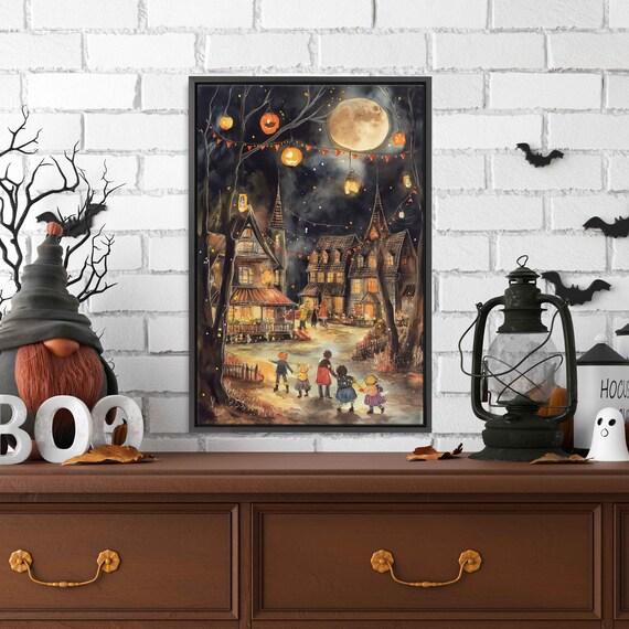 Halloween Village Square Trick Or Treating Under Full Moon Night Sky Wall Art