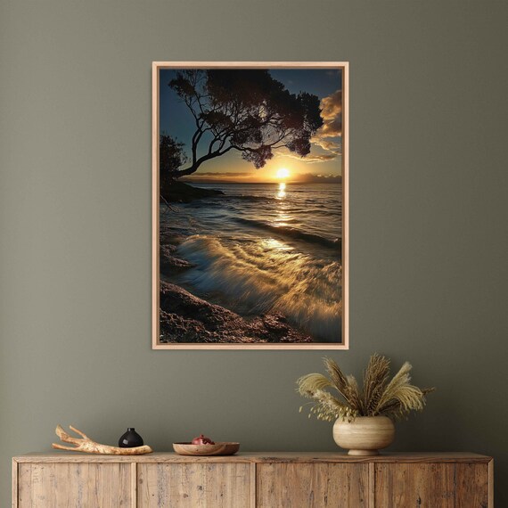Coastal Sunset With Tree Overhanging Ocean Waves And Golden Light Travel Poster