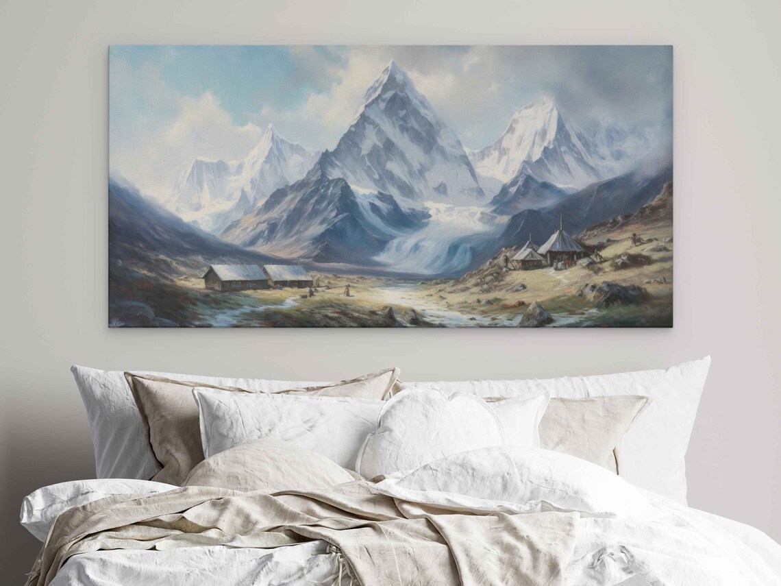 Snow Capped Mountain Village Valley Oil Painting Travel Poster