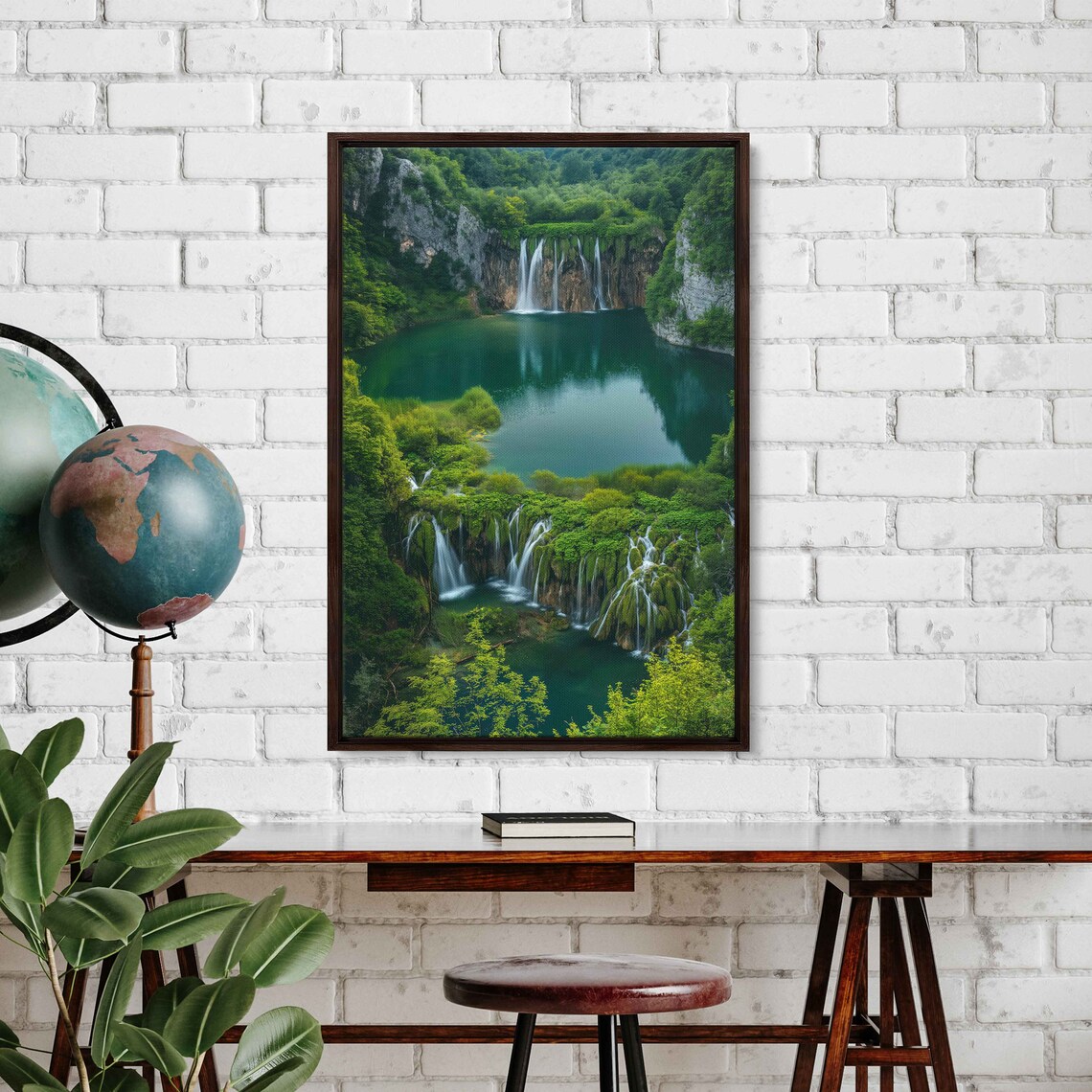 Serene Waterfall Lush Greenery Tranquil Lake Mountain Range Cloudy Skies Wall Art Print Ready To Hang - Image 3