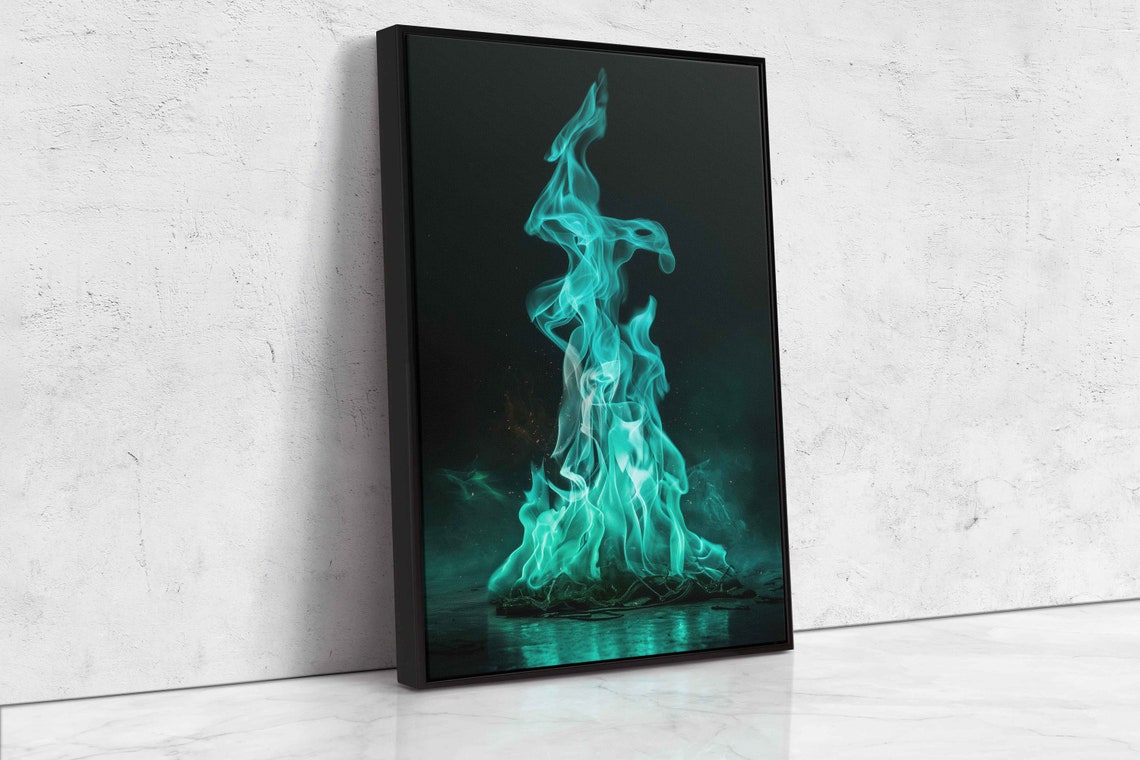 Turquoise Blue Green Flames On Black Background Abstract Art Poster - Image 4