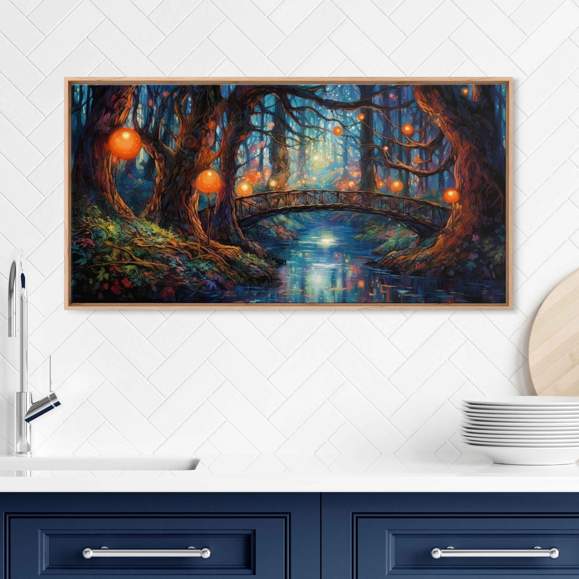 Enchanted Lantern Forest Orange Glow Bridge Blue River Night Art Print - Image 3