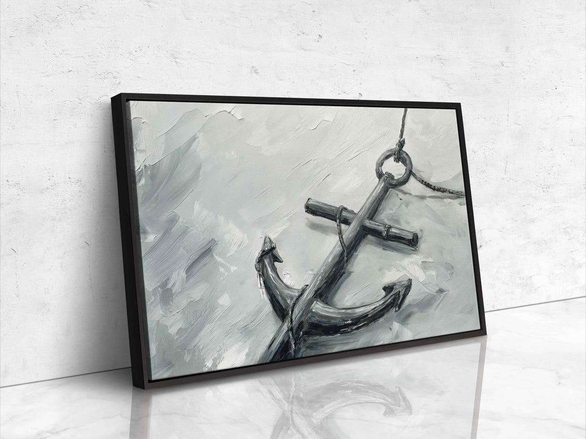 Grayscale Ship Anchor Rope Impasto Black White Nautical Wall Poster - Image 4