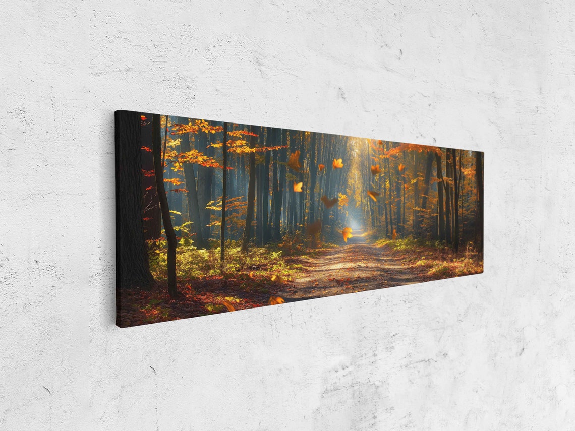 Serene Autumn Forest Path With Falling Leaves Panoramic Nature Poster - Image 4
