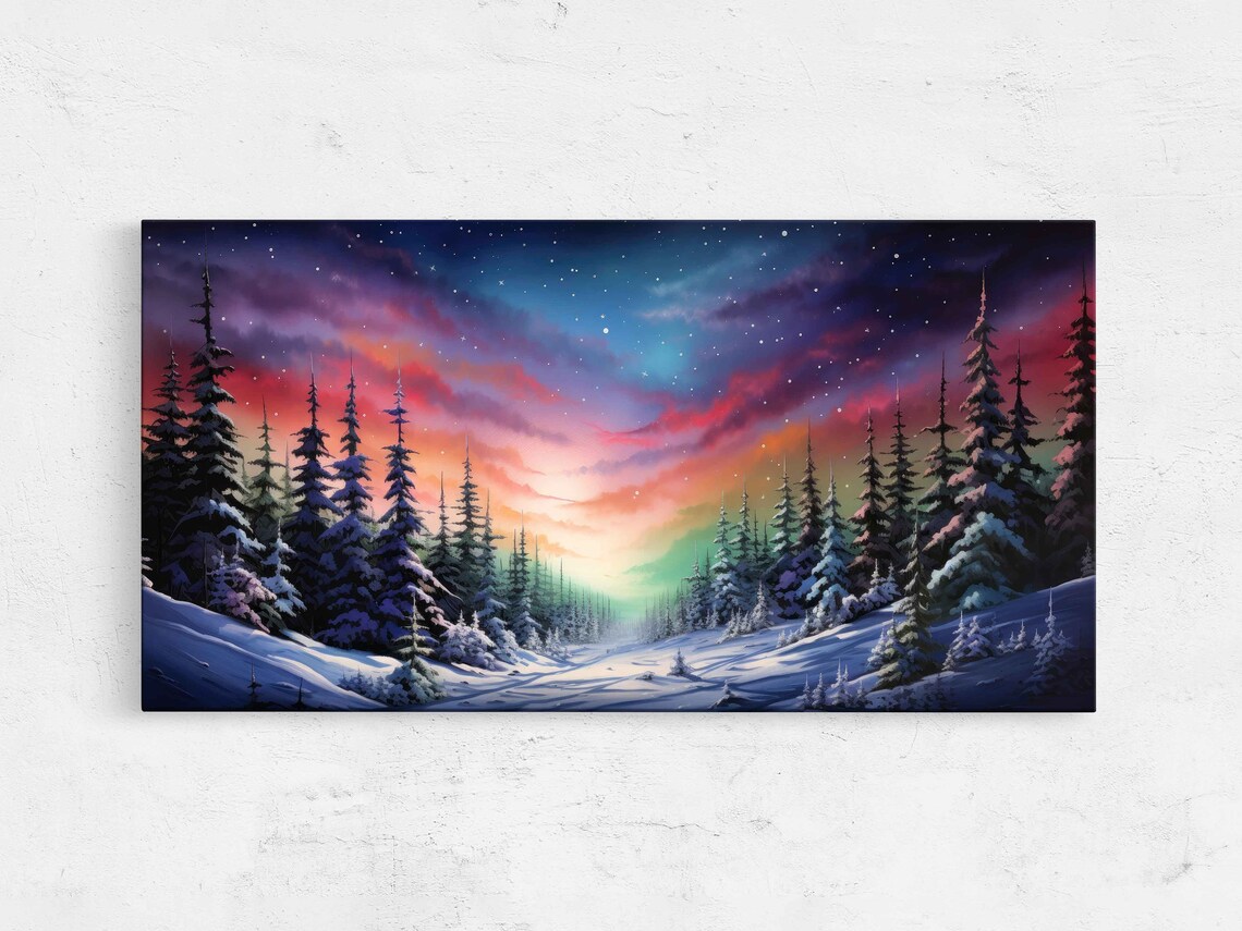 Northern Lights Winter Painting Wall Art Print