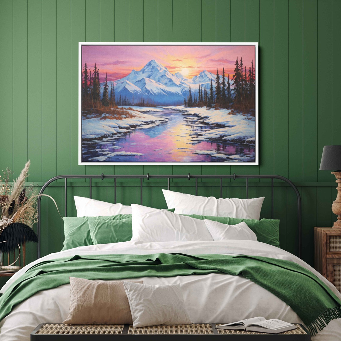 Snowcapped Peaks Sunrise Pink Orange Sky Frozen River Painting Poster - Image 3