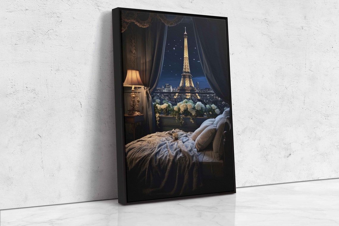 Eiffel Tower Through Window Wall Art Print Paris Nightscape French Town Starry Sky Ready To Hang - Image 4