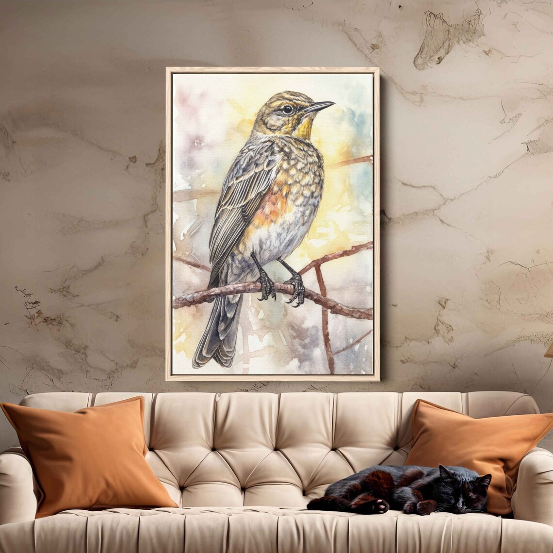 Songbird On Branch Watercolor Painting Soft Yellow Tones Art Poster - Image 3