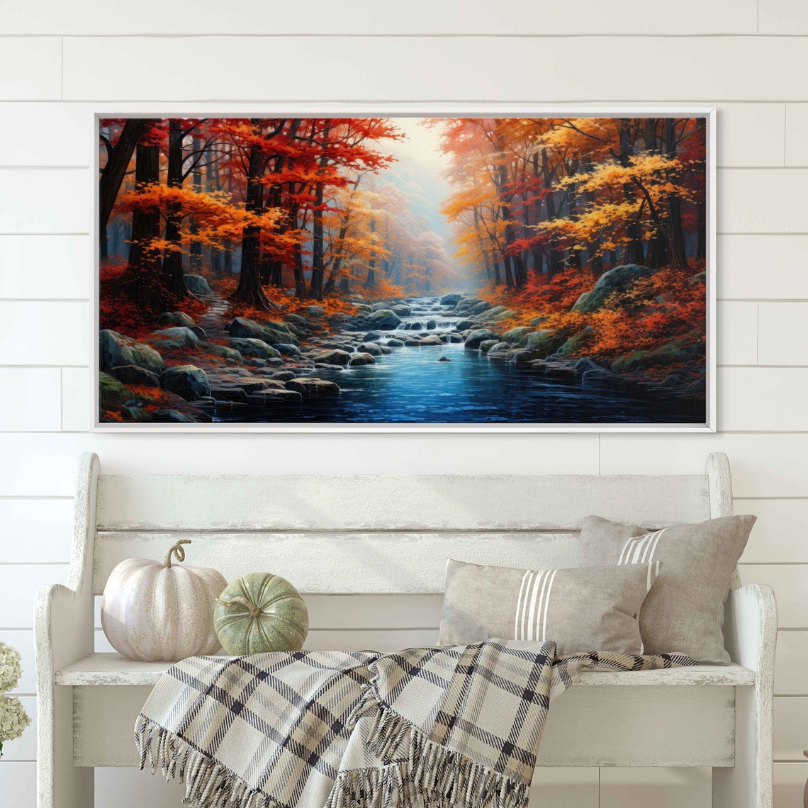 Misty Autumn Forest Stream Red Orange Fall Foliage Painting Poster - Image 2