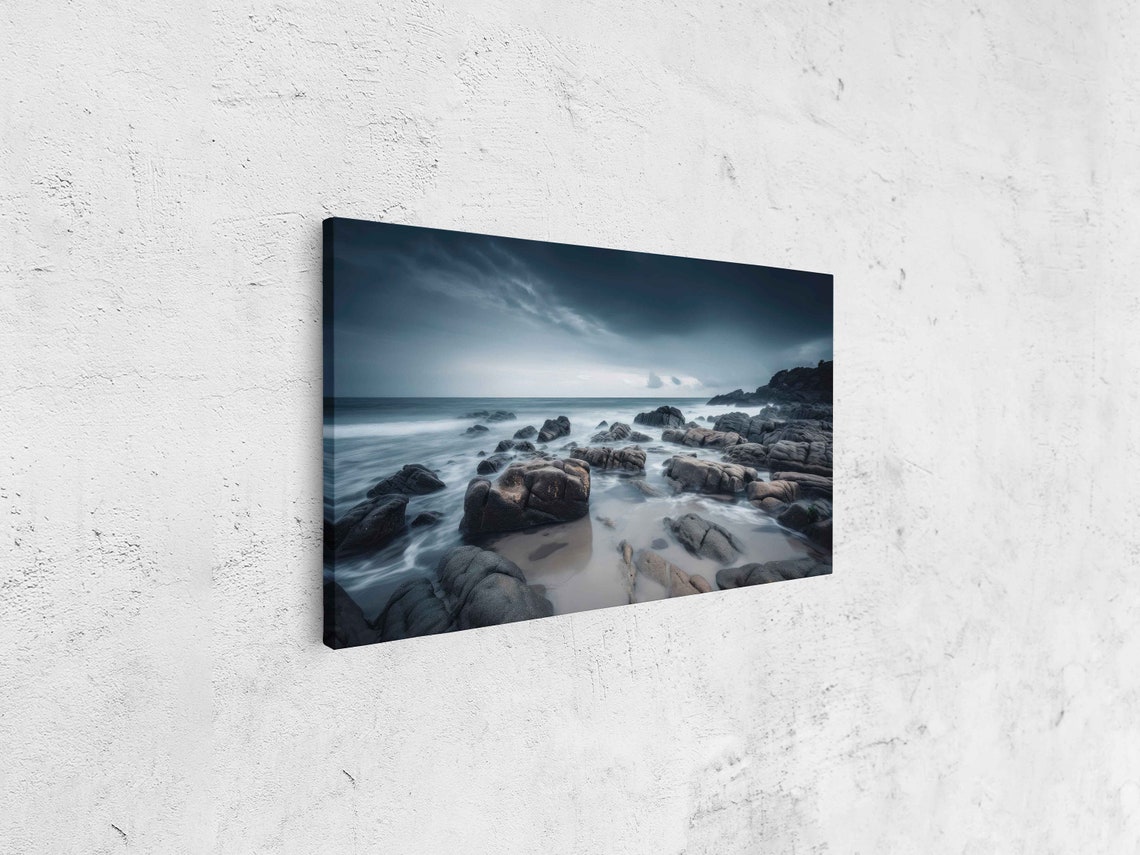 Dark Stormy Rocky Beach Misty Waves Moody Twilight Seascape Poster - Image 4