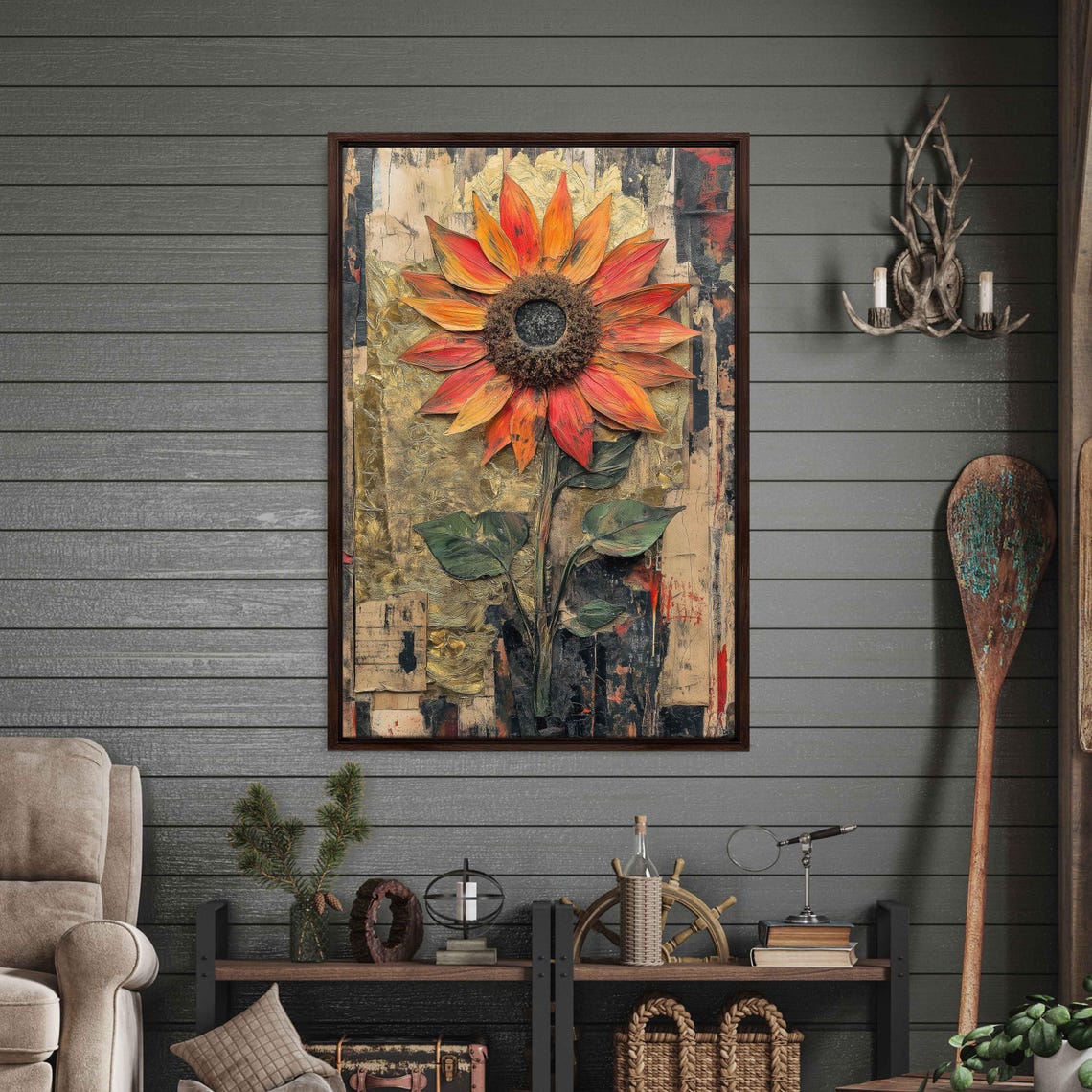 Radiant Red Orange Sunflower Gold Collage Expressive Floral Art Poster