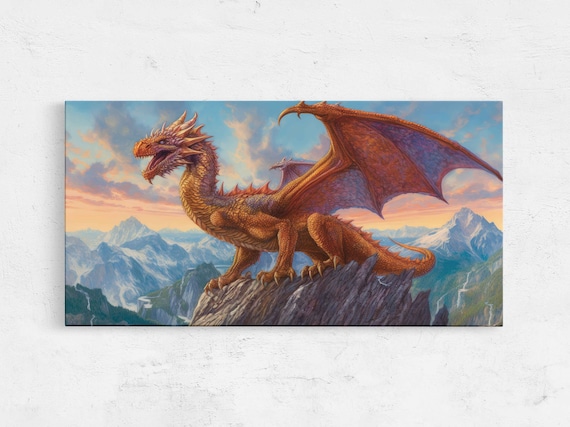 Majestic Red Dragon Mountain Peak Fantasy Creature Detailed Painting Print