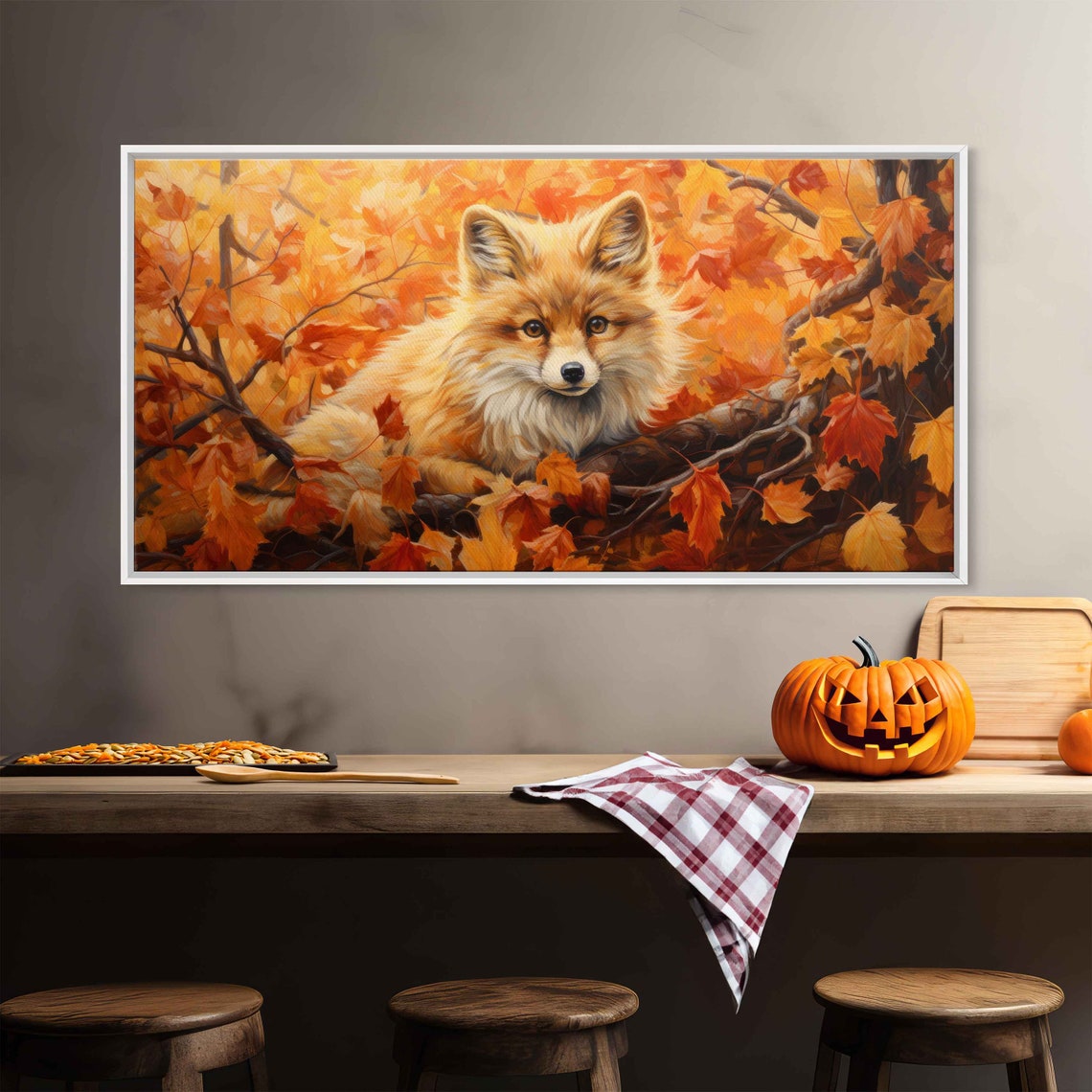 Cute Fox Face Golden Maple Leaves Autumn Close Up Wall Art Print - Image 2