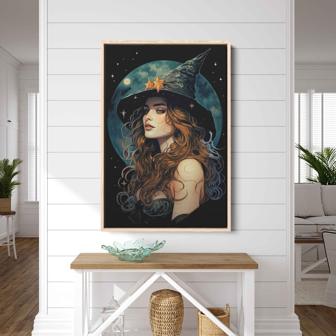 Celestial Witch Star Hat Full Moon Copper Hair Portrait Halloween Art Print - Image 2