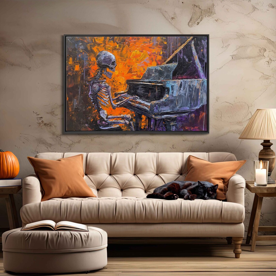 Skeleton Playing Grand Piano Orange Purple Oil Painting Poster