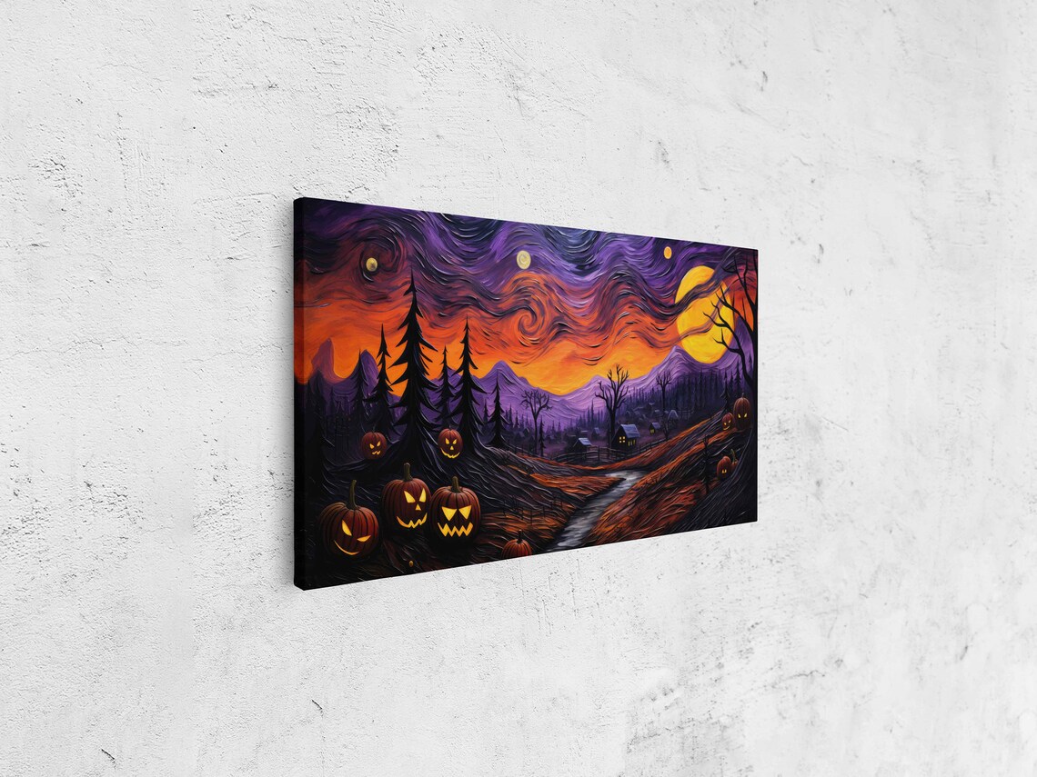 Starry Night Halloween Jack O Lanterns Spooky Town Moon Van Gogh Art Print - Image 4