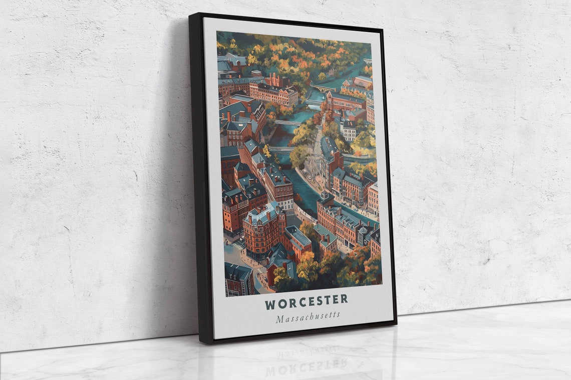 Worcester Massachusetts Autumn City River Aerial Travel Poster - Image 2