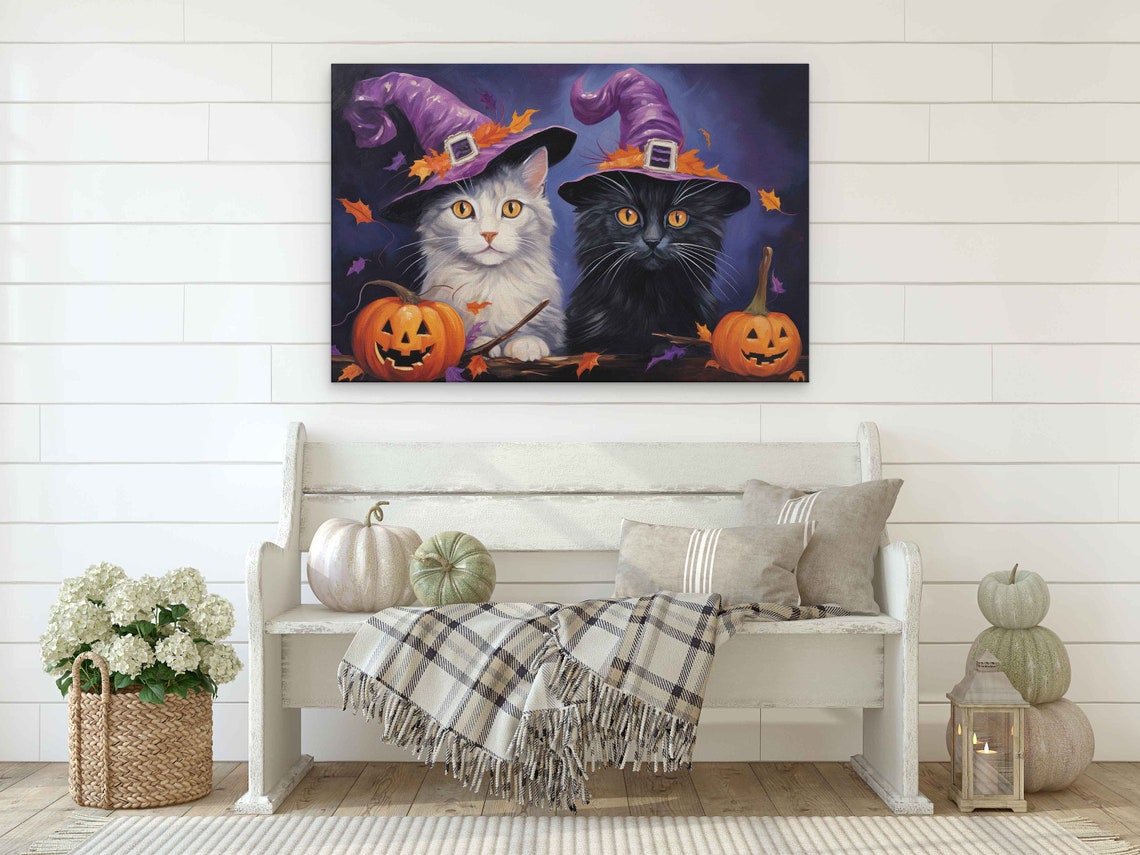 Cute Halloween Cat Wizards Oil Painting Framed Reproduction Print Ready To Hang - Image 3