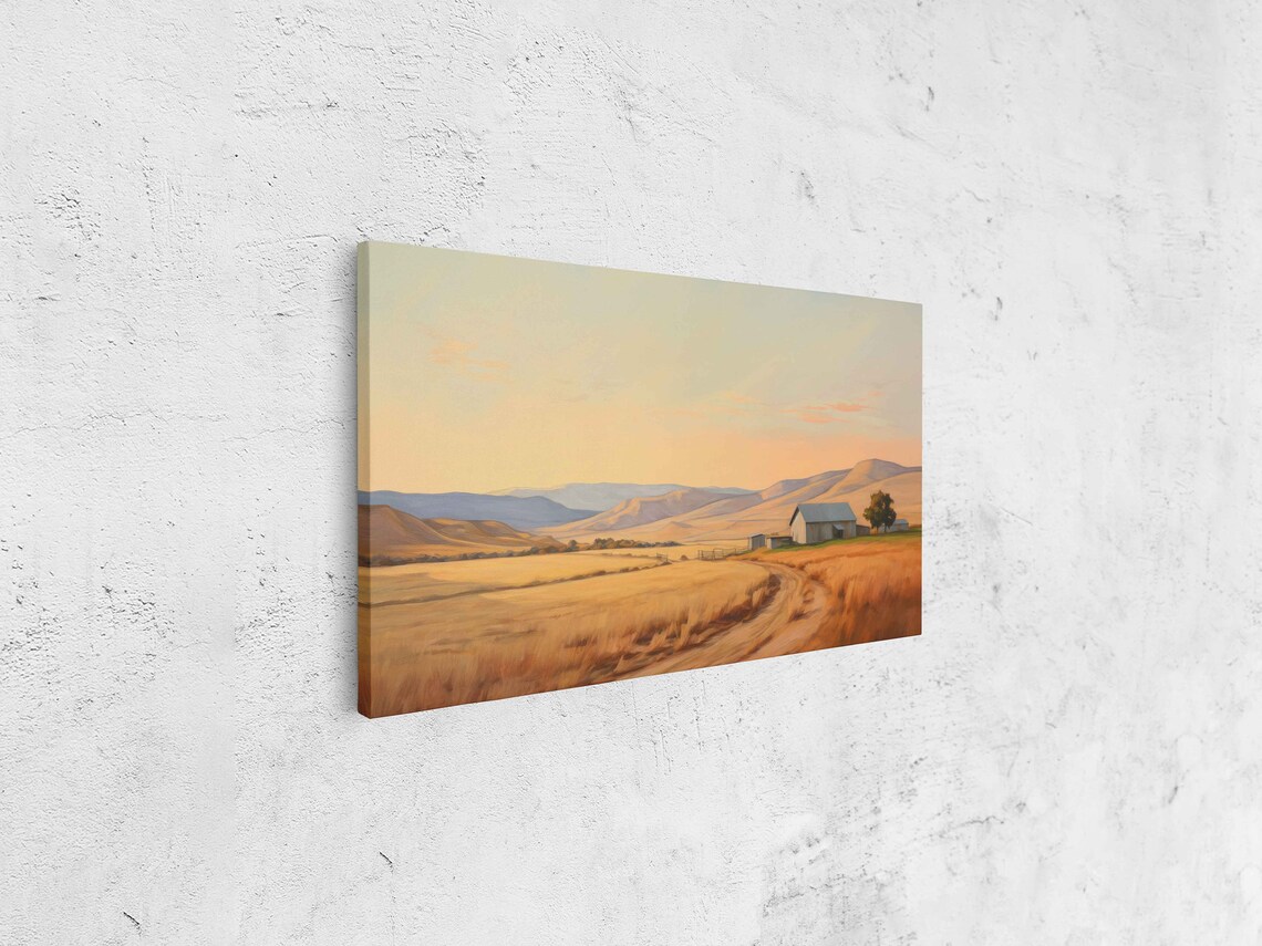 Minimalist Golden Farm Landscape With Barn Rolling Hills Sunset Poster - Image 4