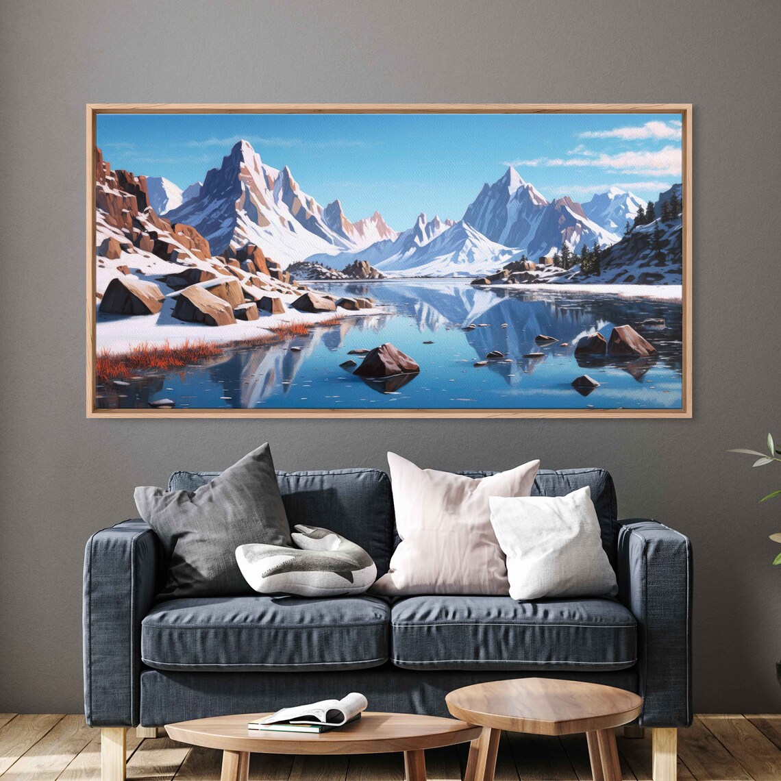 Snow Covered Mountain Landscape Oil Painting Framed Print Ready To Hang Reflective Lake