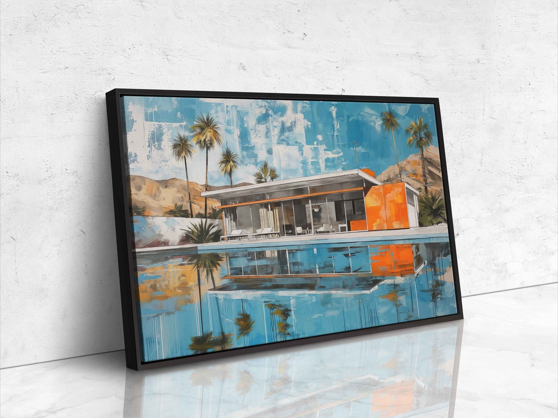 Mid Century Modern House With Pool Palm Trees Painting Art Poster - Image 4