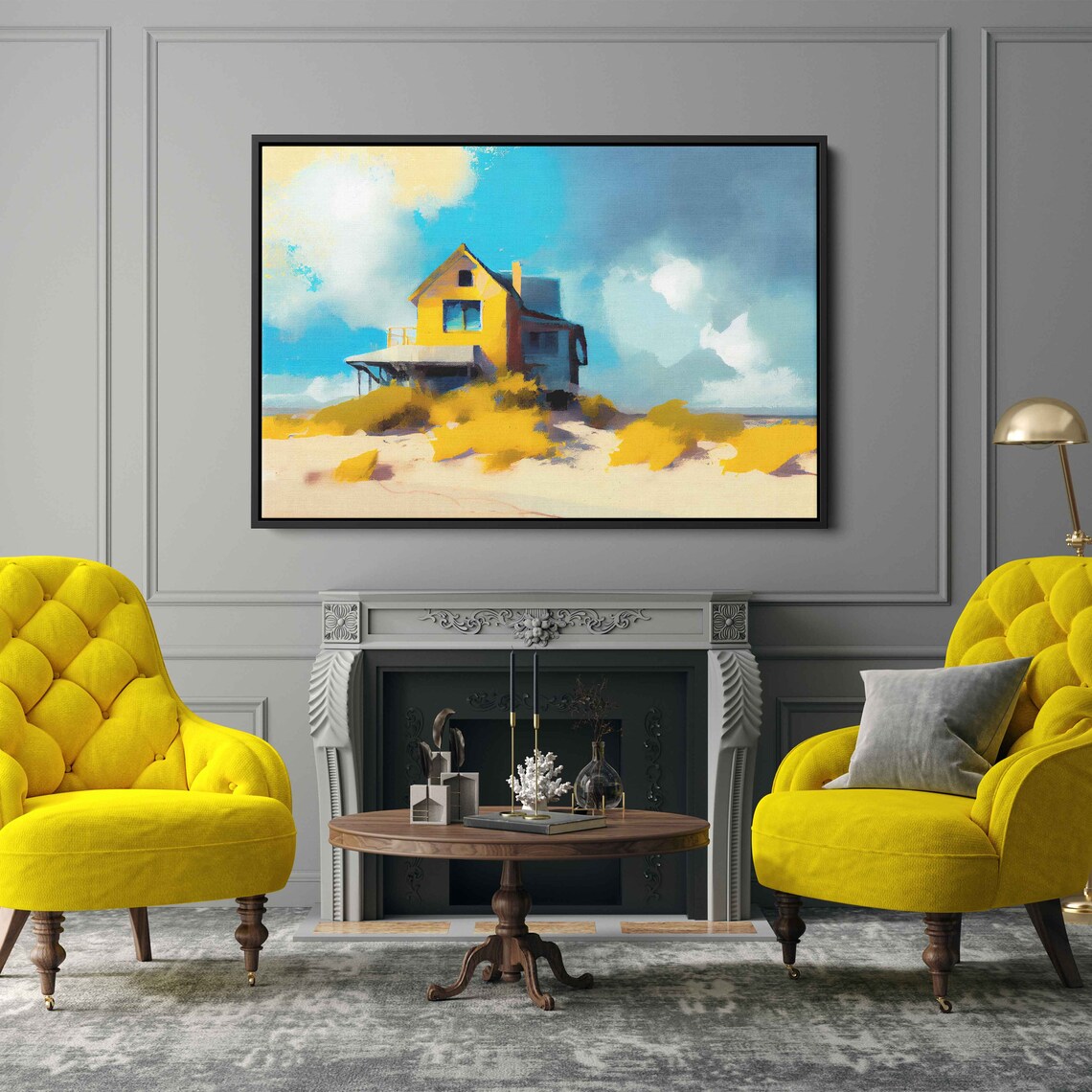 Yellow Beach House On Dunes Sunny Coastal Semi Abstract Oil Painting Poster