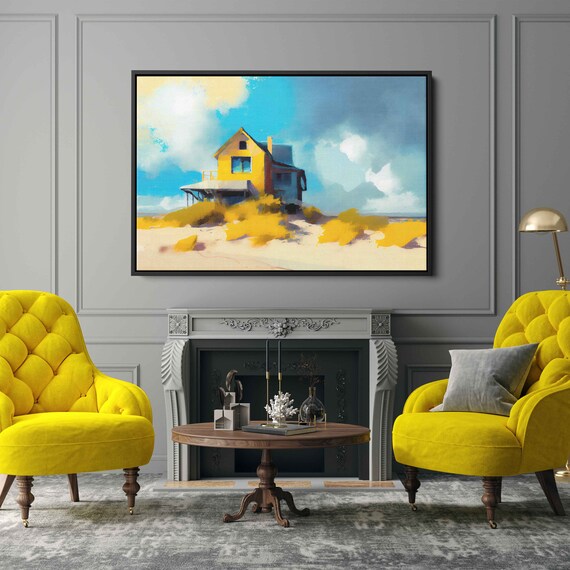 Yellow Beach House On Dunes Sunny Coastal Semi Abstract Oil Painting Poster