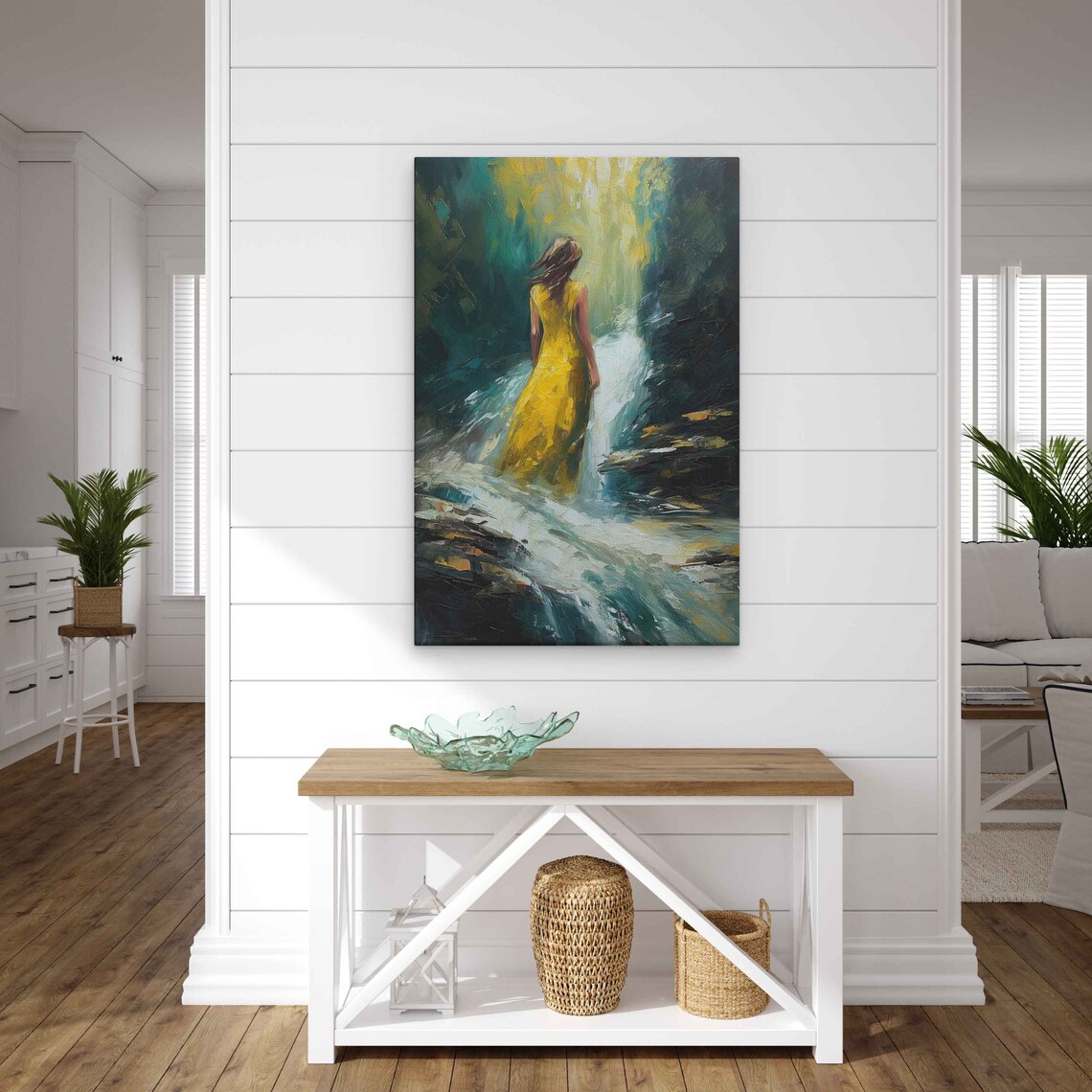 Woman In Yellow Dress Walking River Rocks Textured Oil Painting Poster - Image 2
