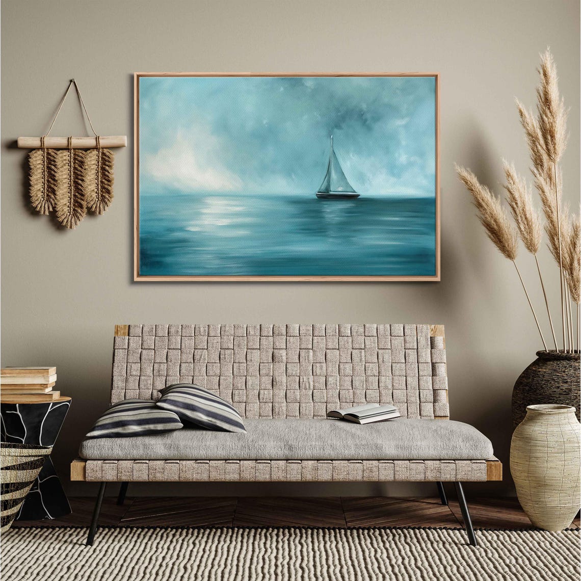 Lone Sailboat Teal Moody Sea Cloudy Sky Minimalist Wall Poster