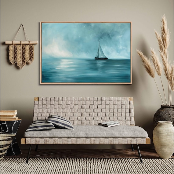 Lone Sailboat Teal Moody Sea Cloudy Sky Minimalist Wall Poster