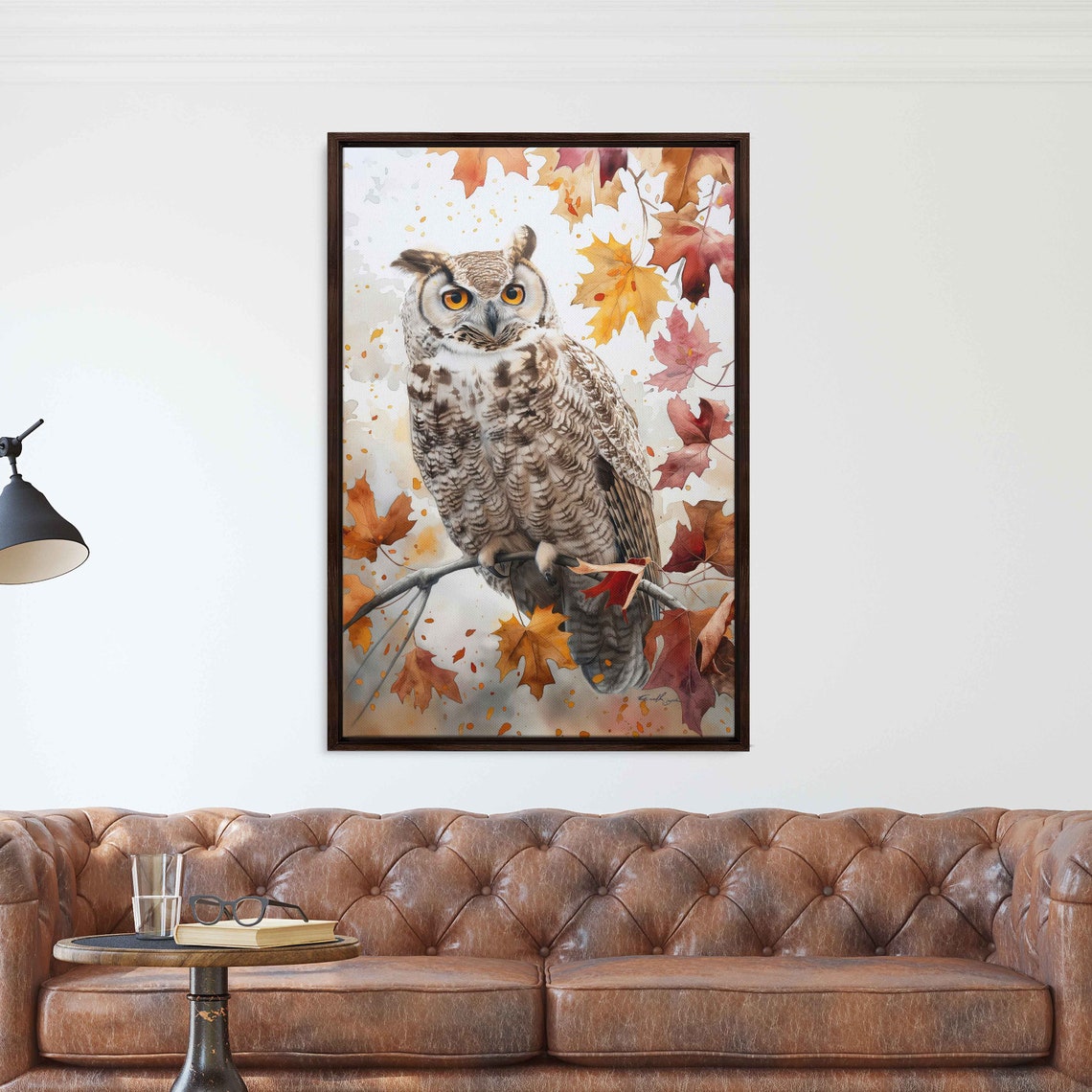 Great Horned Owl Perched On Branch With Autumn Leaves Art Poster