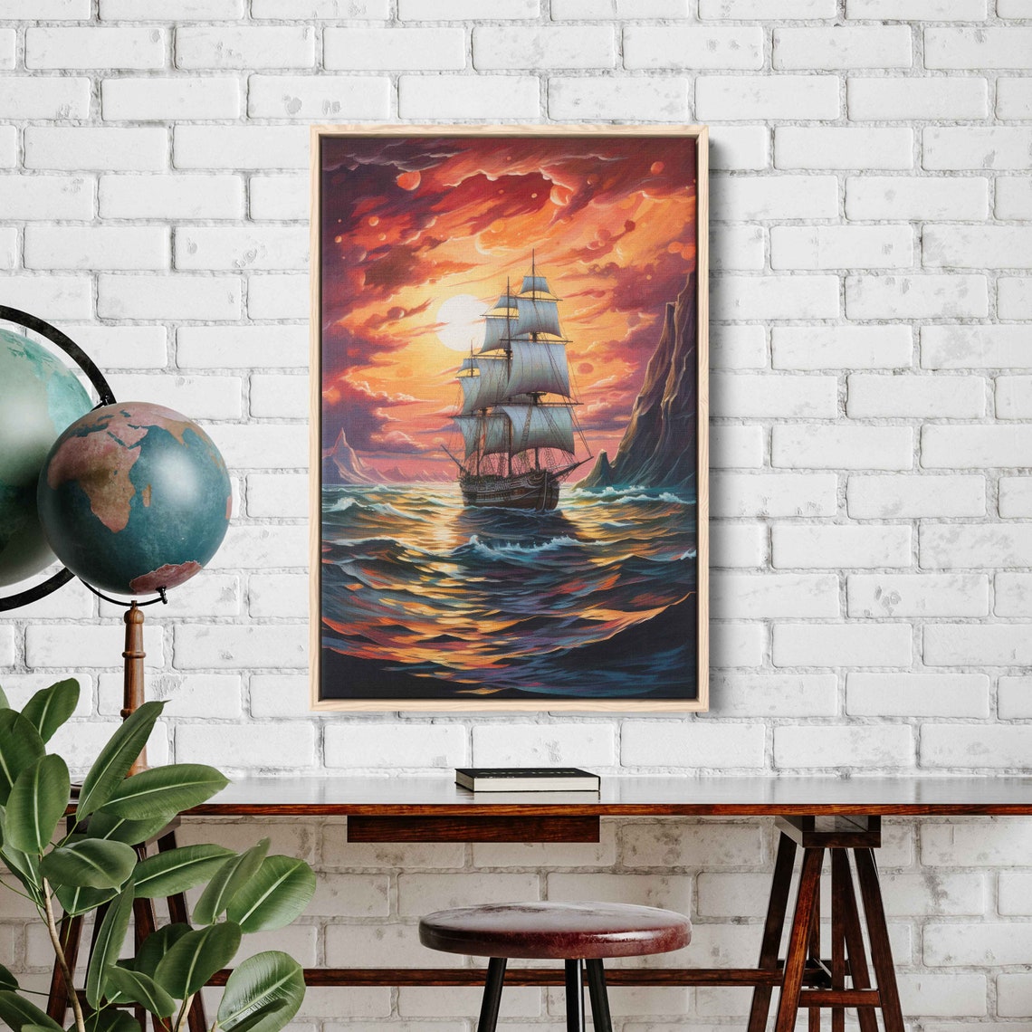 Tall Ship Ocean Sunset Dramatic Cliffs Impressionist Painting Poster