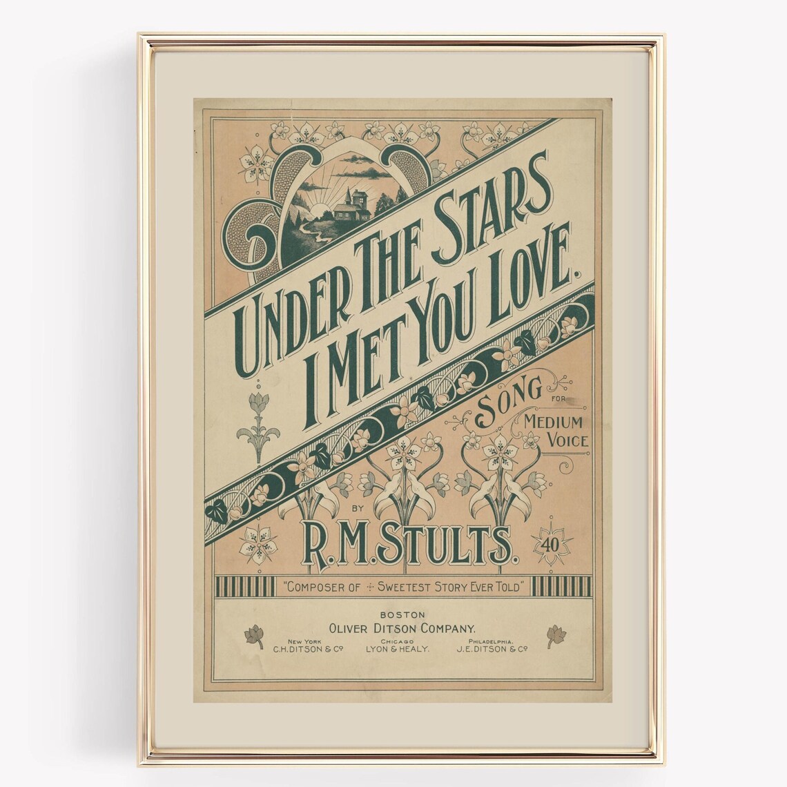 Under The Stars I Met You Love Antique Sheet Music Cover Art Poster