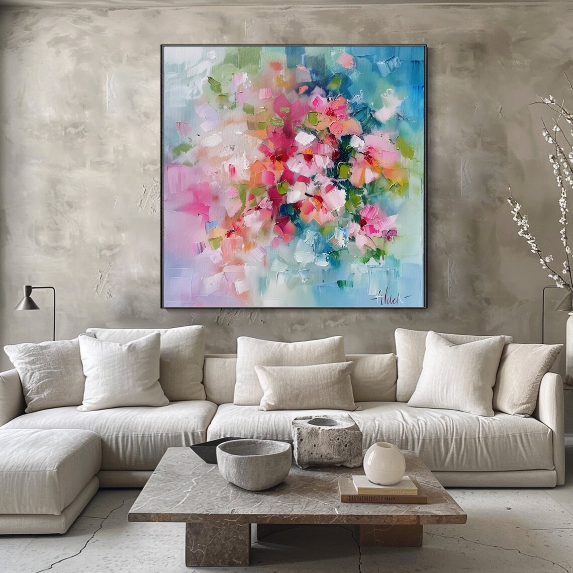 Pink Peony Blossom Abstract Blue Floral Oil Painting Art Poster - Image 4