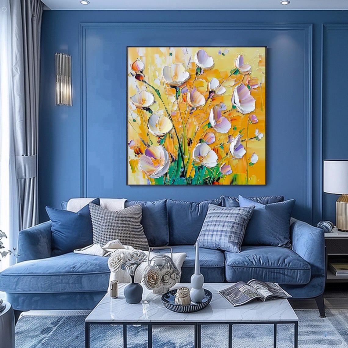 White Cosmos Flowers Golden Yellow Background Impasto Floral Wall Art - Image 2
