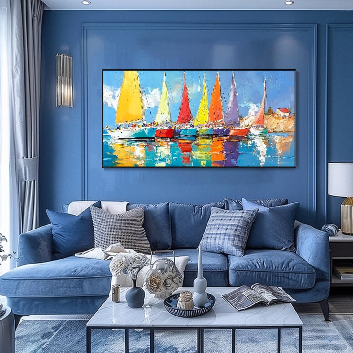 Colorful Sailboats Harbor Regatta Bright Sails Reflection Textured Wall Art - Image 2