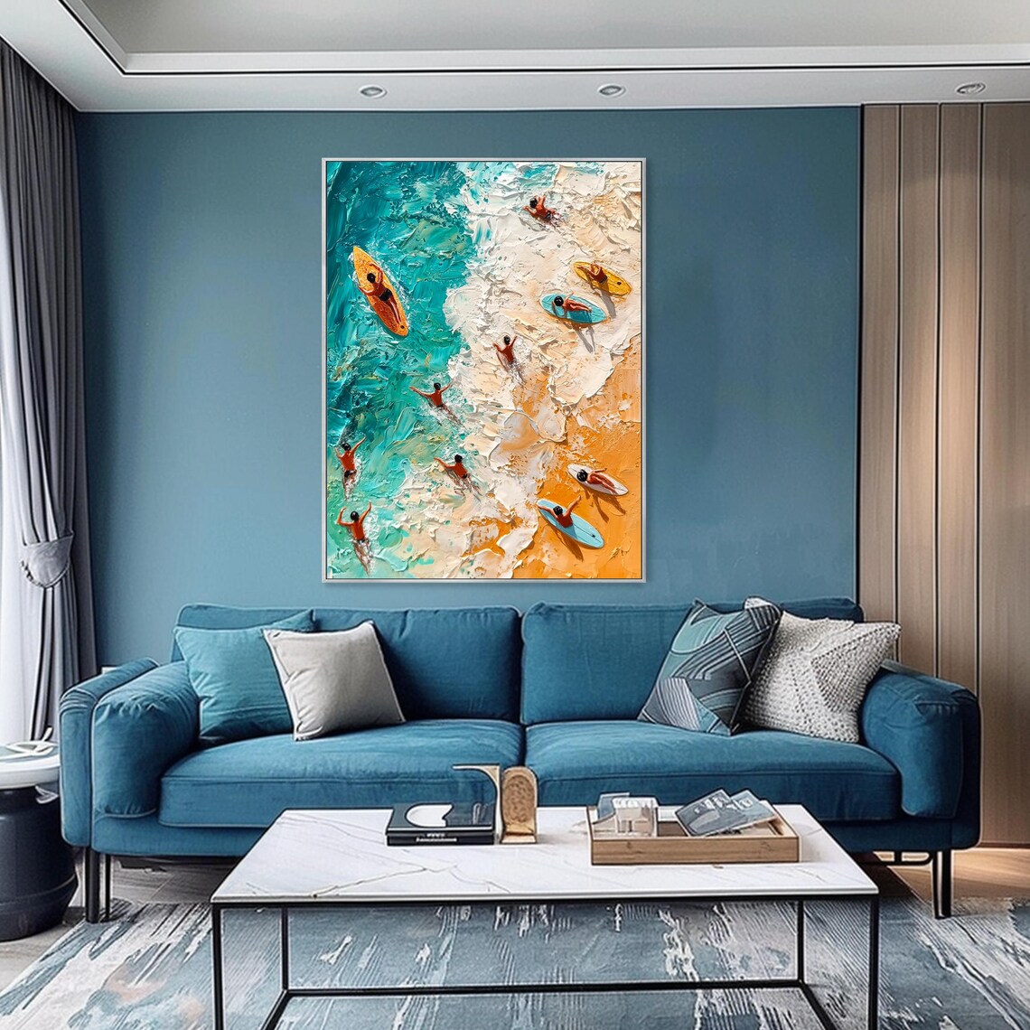 Aerial Surfers Riding Turquoise Waves Golden Sand Impasto Wall Art - Image 2