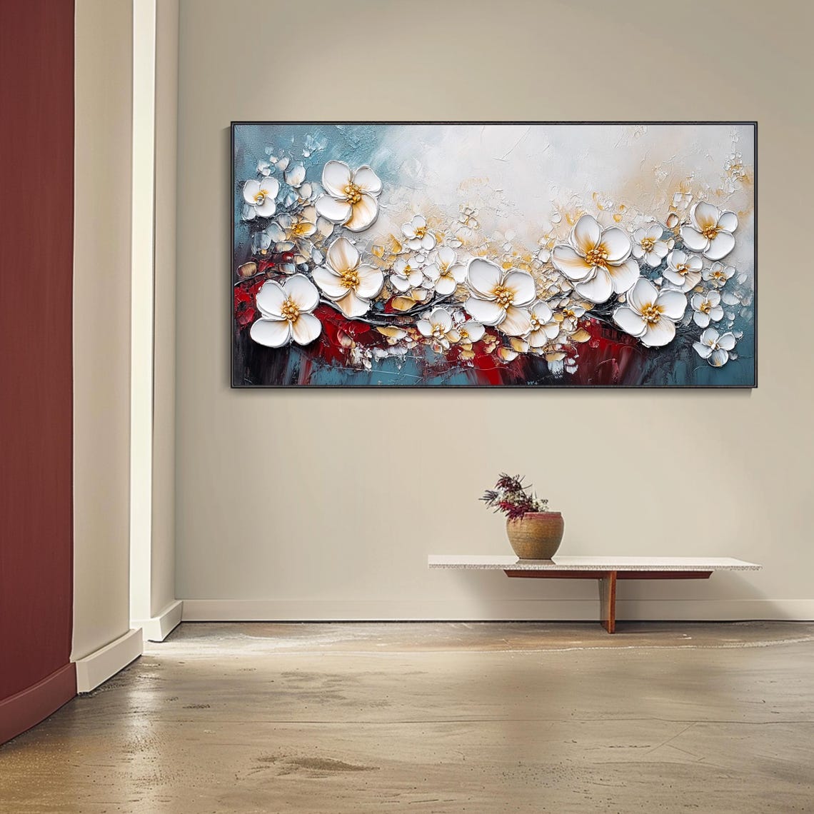 White Cherry Blossoms Red Teal Gold Abstract Floral Elegant Wall Art - Image 3