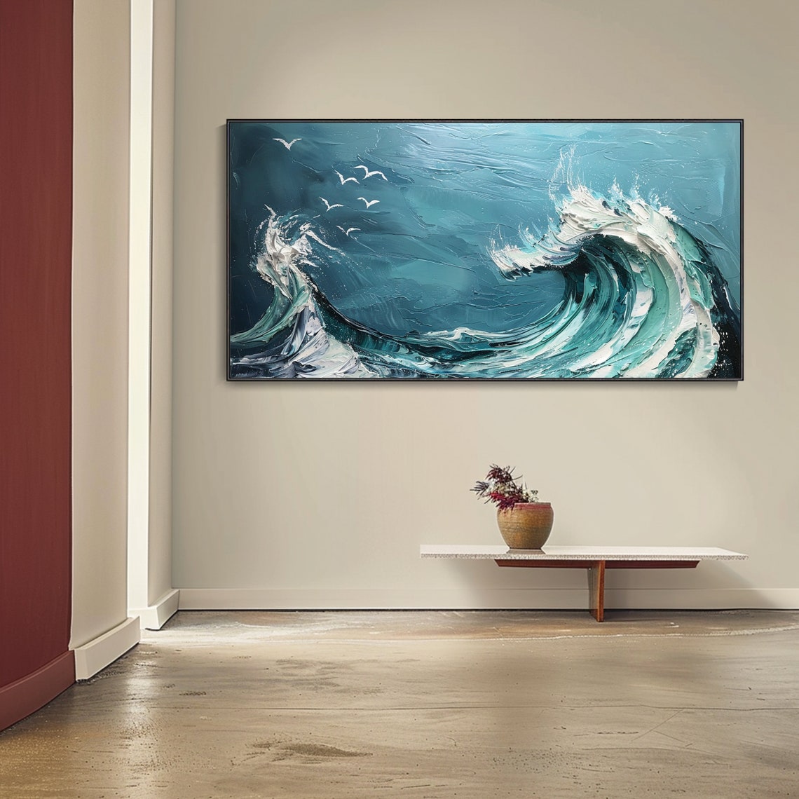 Turquoise Crashing Wave Seagulls White Foam Ocean Art Poster - Image 3