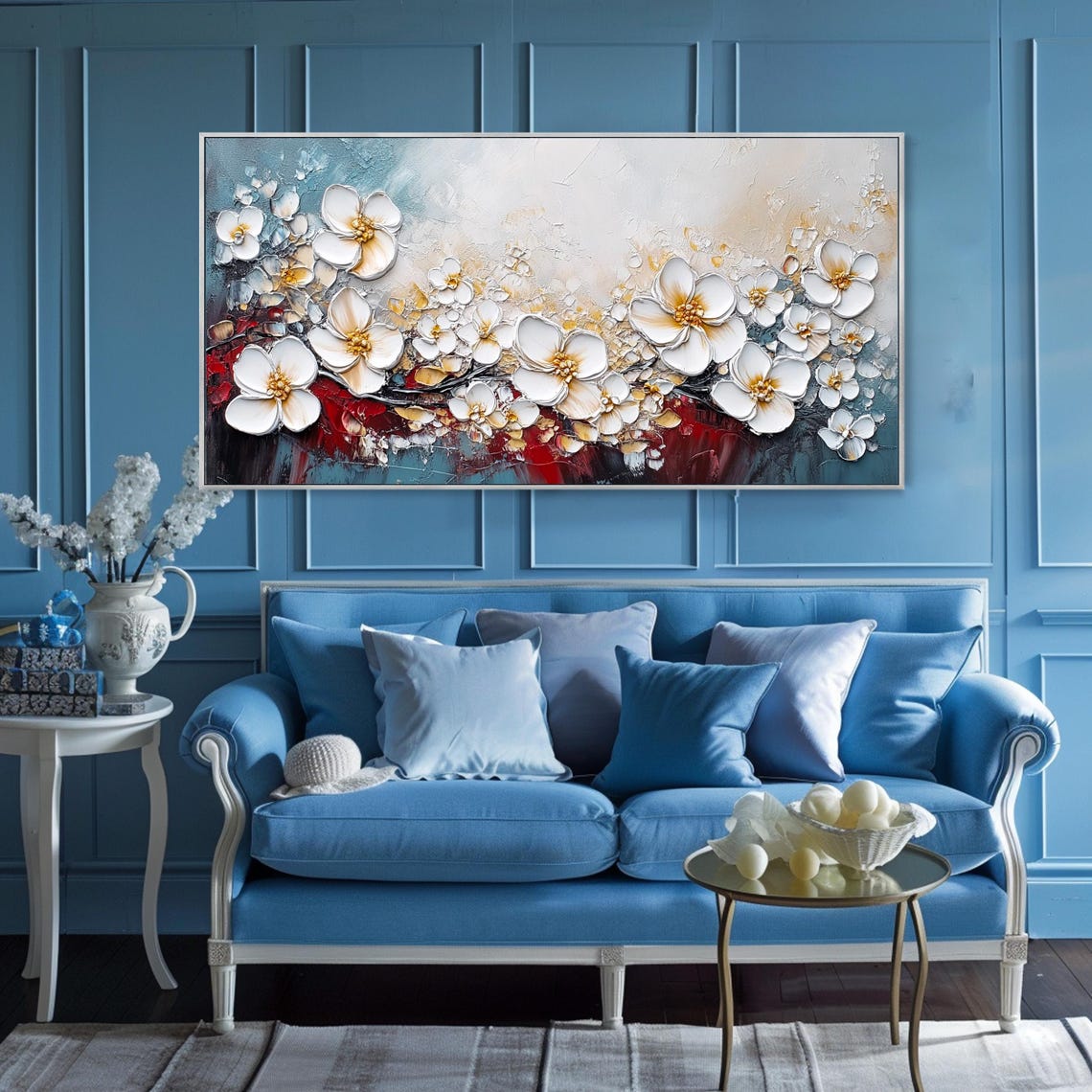 White Cherry Blossoms Red Teal Gold Abstract Floral Elegant Wall Art - Image 2