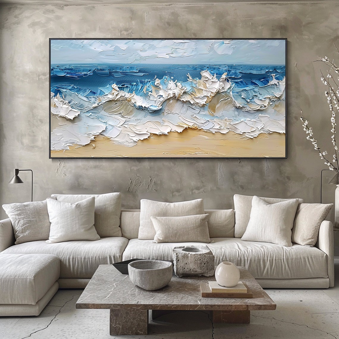 Crashing Blue Ocean Waves White Foam Sandy Beach Impasto Wall Art - Image 3