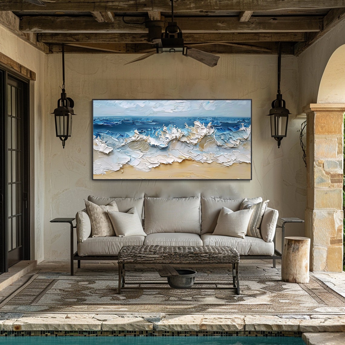 Crashing Blue Ocean Waves White Foam Sandy Beach Impasto Wall Art - Image 4